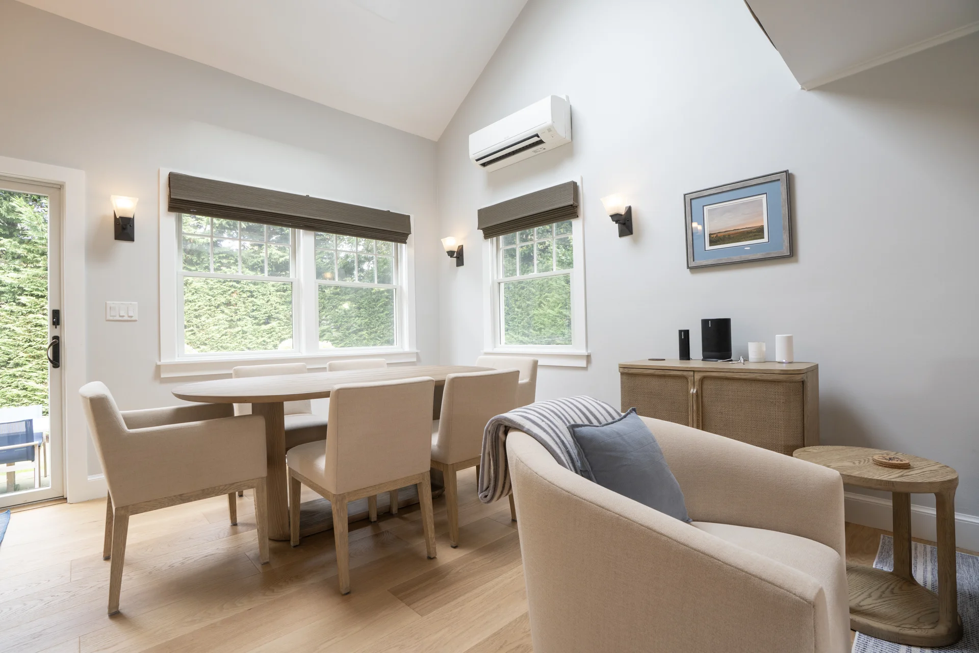Dining room with vaulted ceiling in Nantucket home renovation