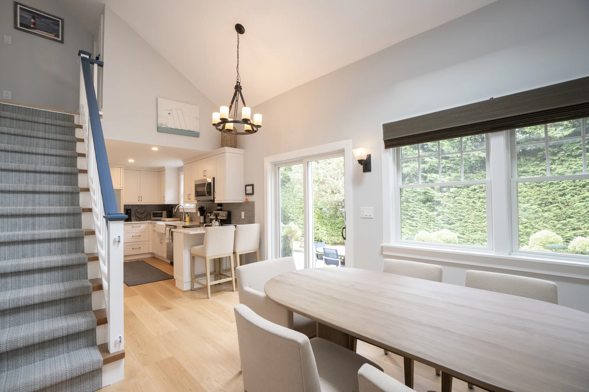 Open concept kitchen and dining area in Nantucket home