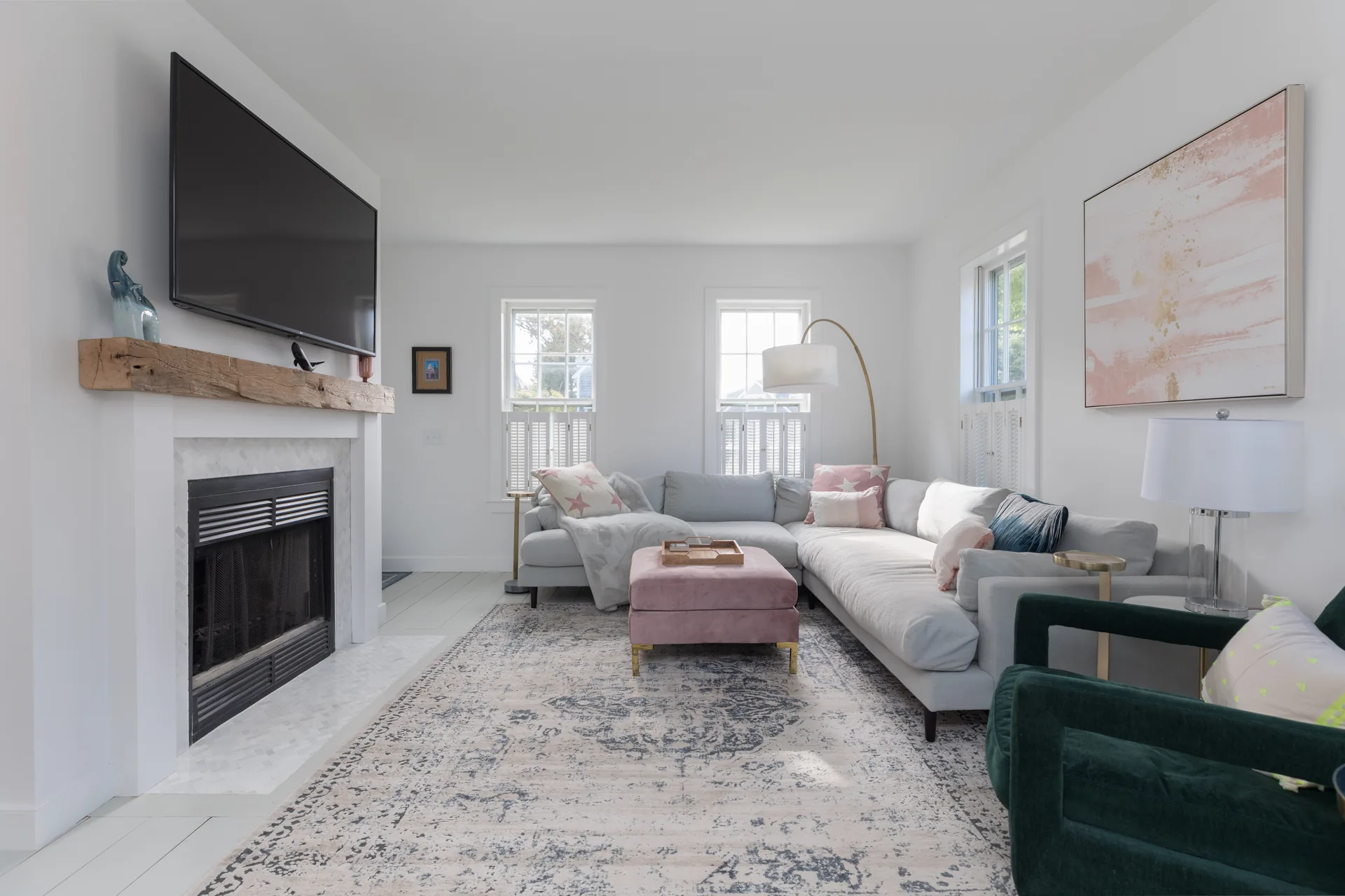 Living room fireplace with reclaimed wood mantel