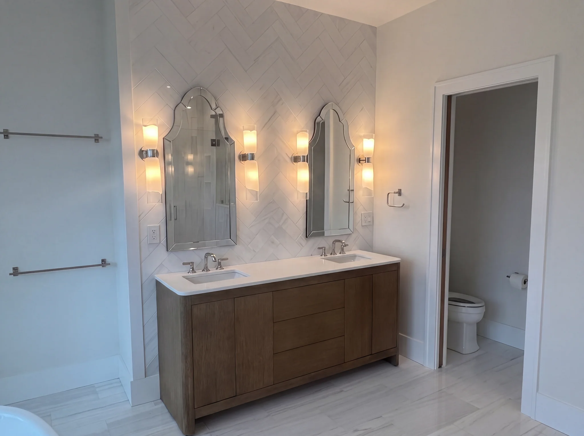 Primary bathroom double vanity at North Pasture Lane
